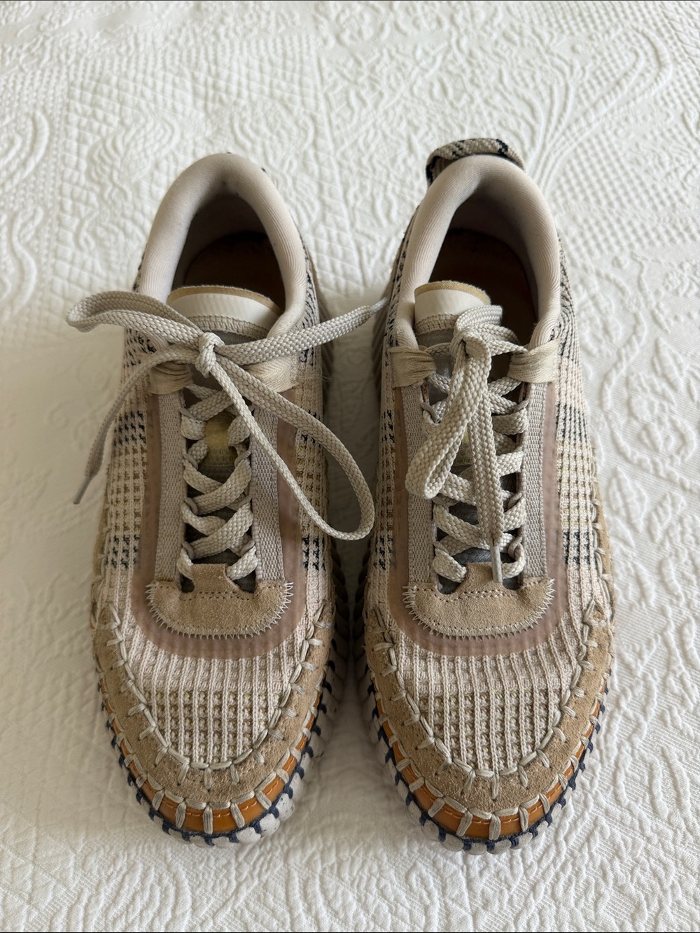 Chloe Nama Beige and Tan Woven Leather Sneakers